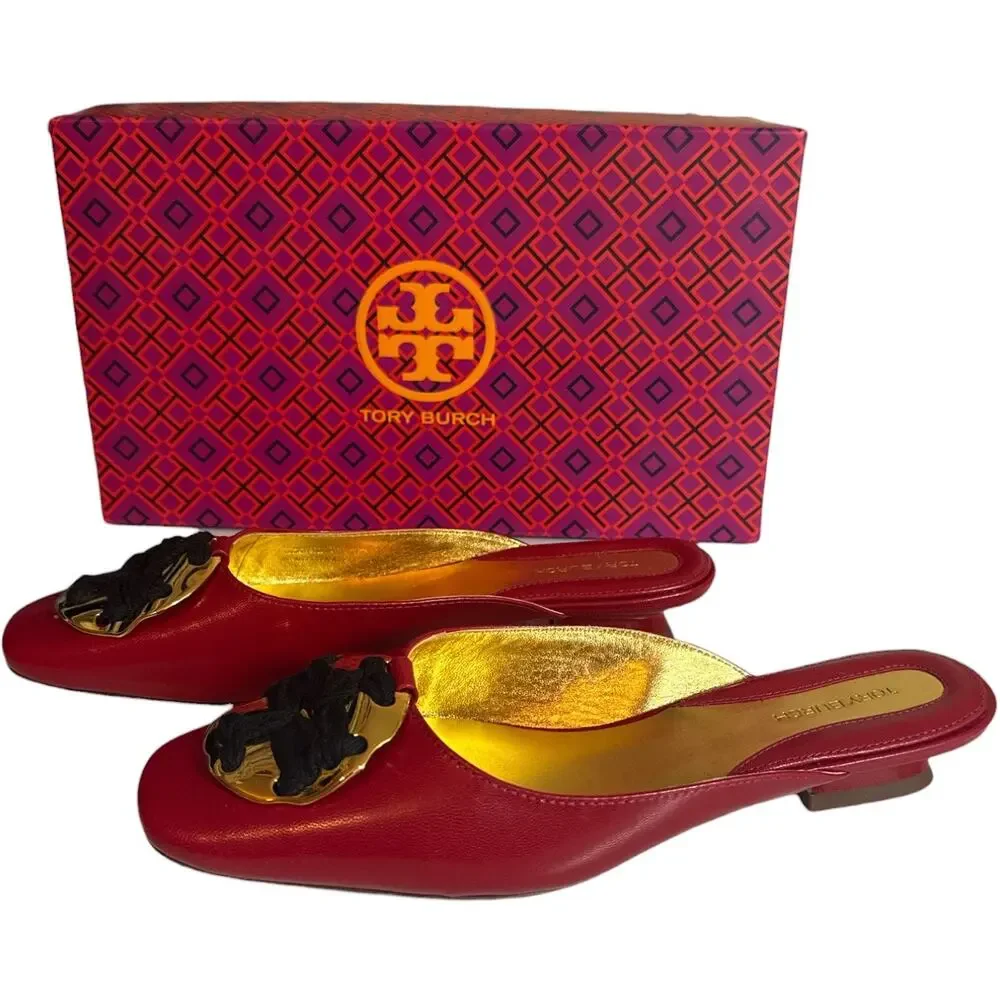 Tory Burch Woven Logo Kitten Heel Mules Red Leather Size 7.5 New With Box